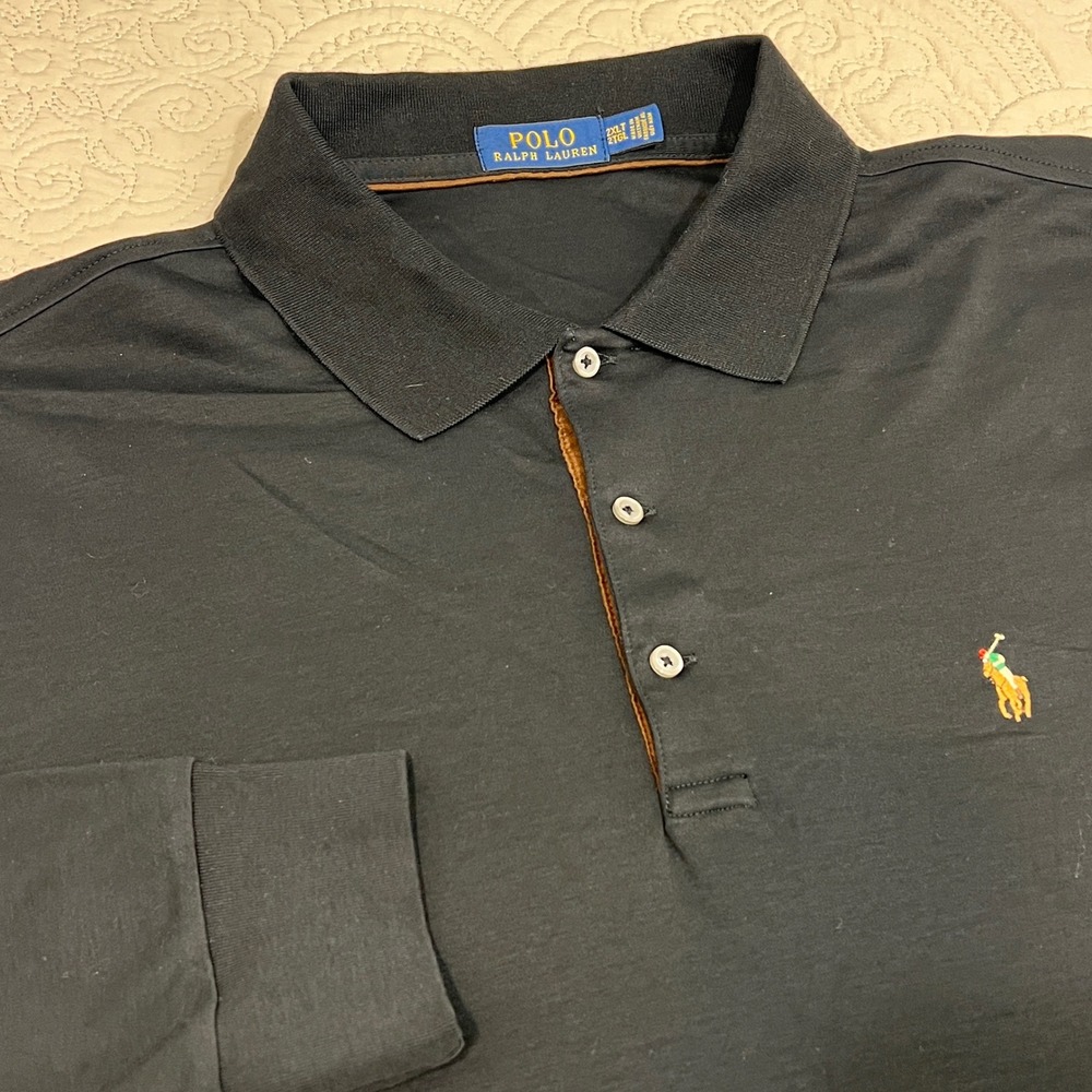 Polo Ralph Lauren Mens‎ Black Long Sleeve Polo Shirt Big & Tall 2XLT Cotton Pony
